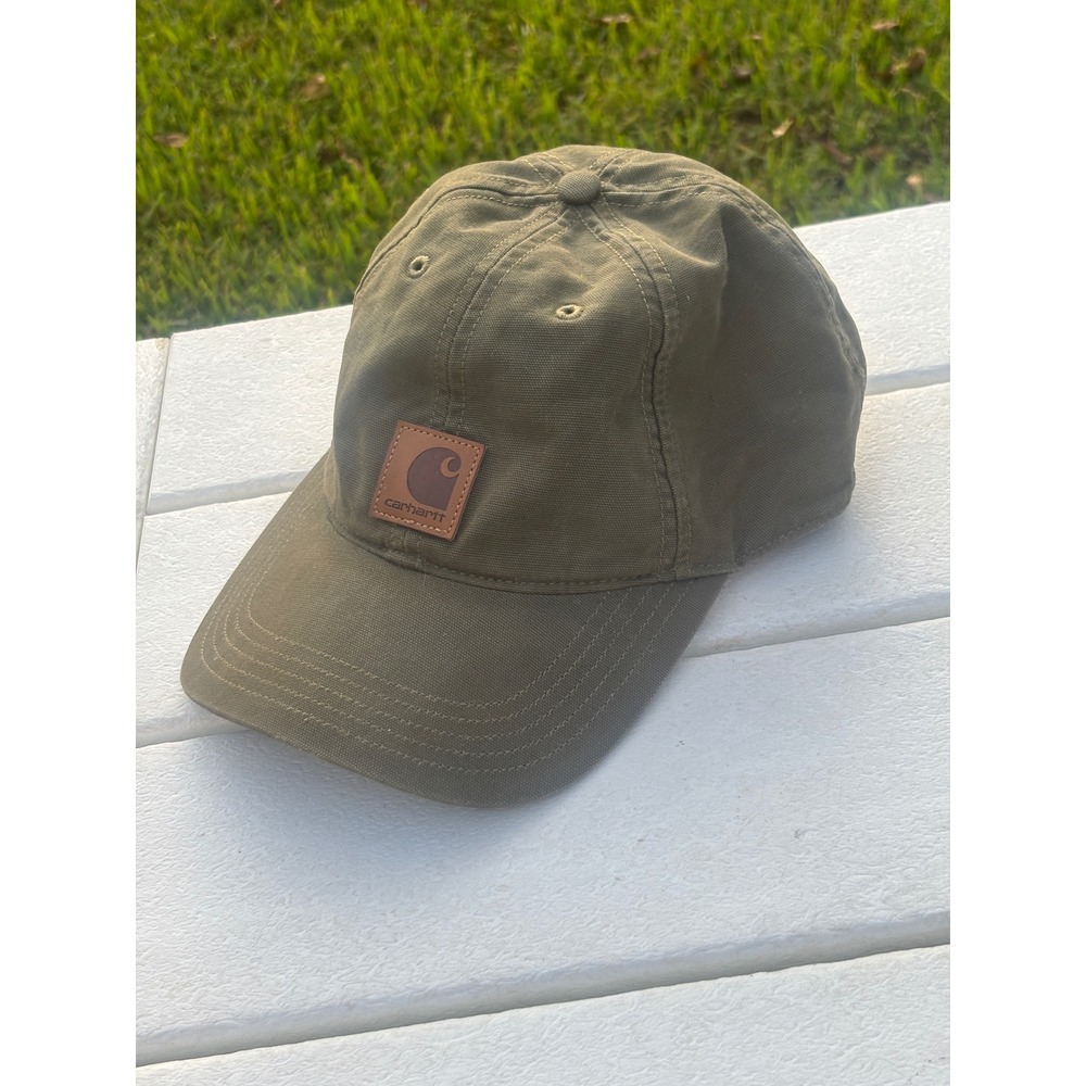 Carhartt Canvas Baseball Cap Olive Green Adjustable Hat Leather Logo Patch Mens
